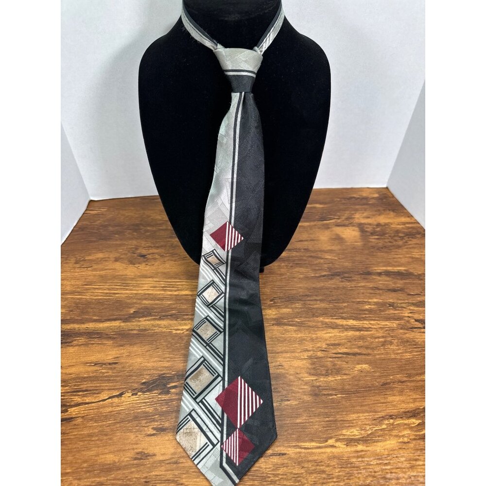 70's Viscount Zip Tie- Gray and Black Geometric